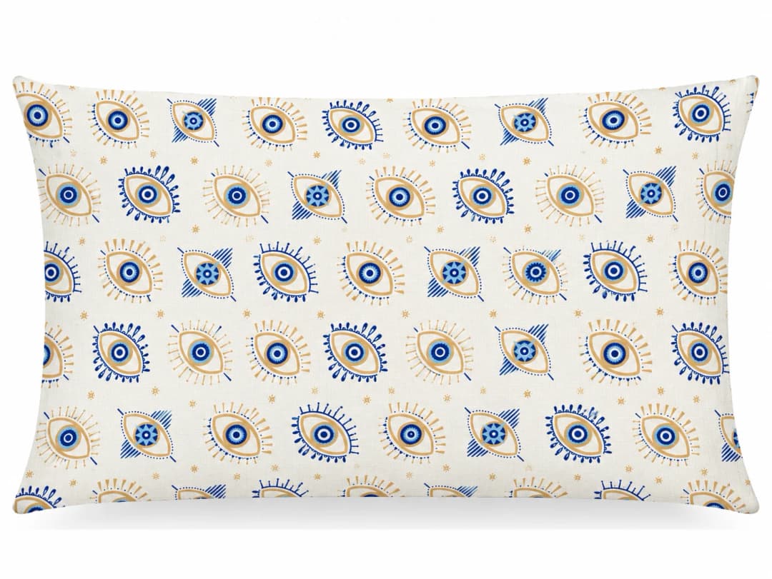 Krem Vintage Gözler Desenli Kırlent Yastık 50x30