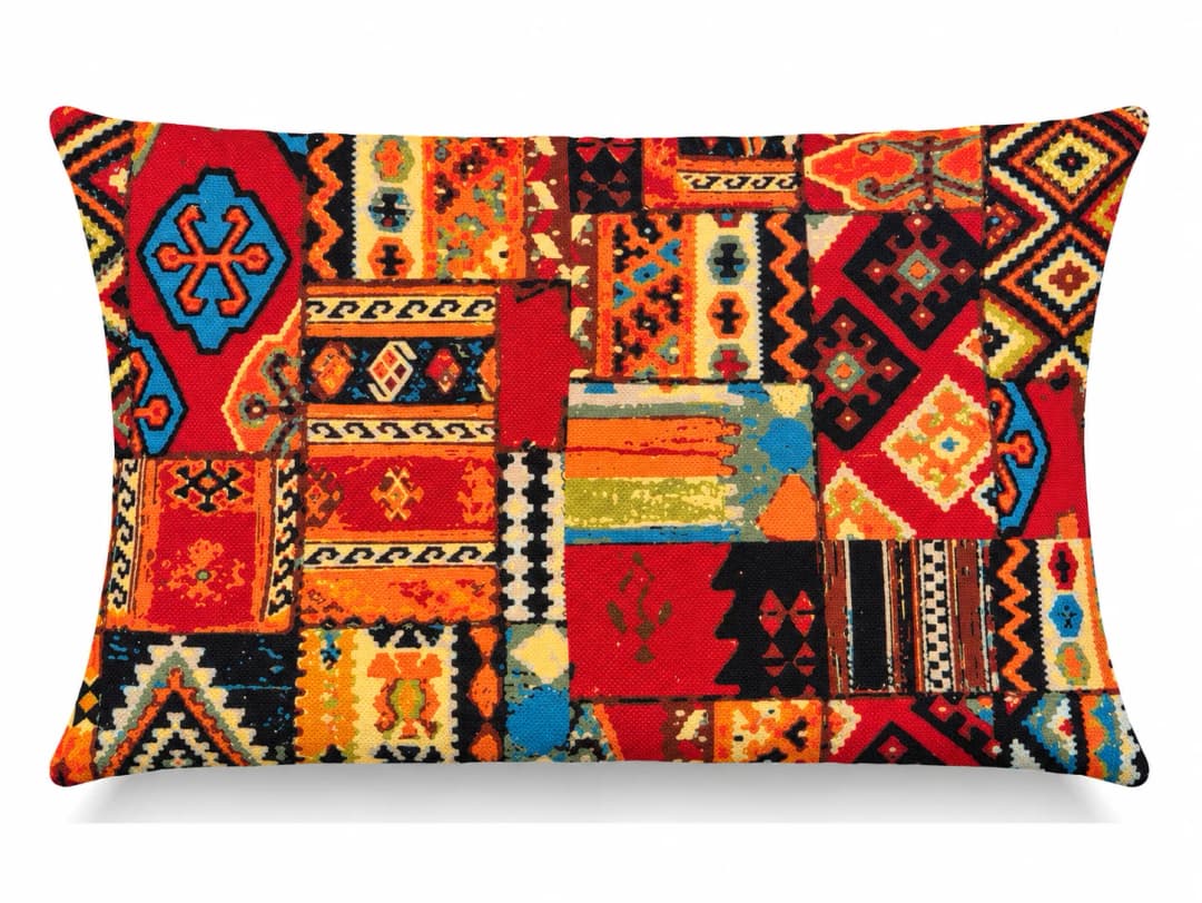 Turuncu Kilim Patchwork Desenli Kırlent Yastık 50x30
