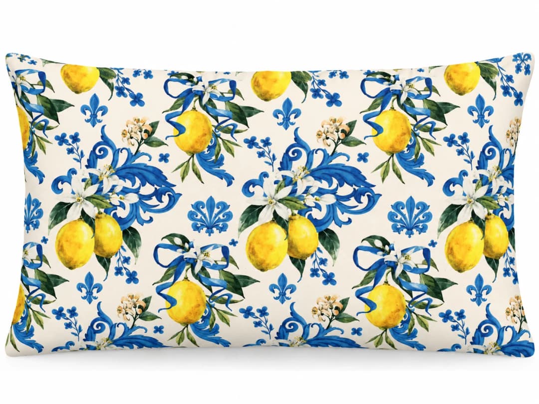 Çiçekli Limon Desenli Kırlent Yastık 50x30