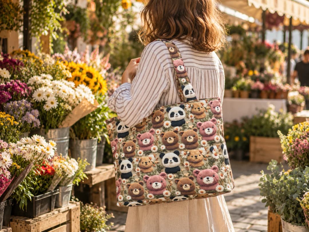 Panda ve Ayılar Desenli Dijital Baskı Omuz Çantası 50x45