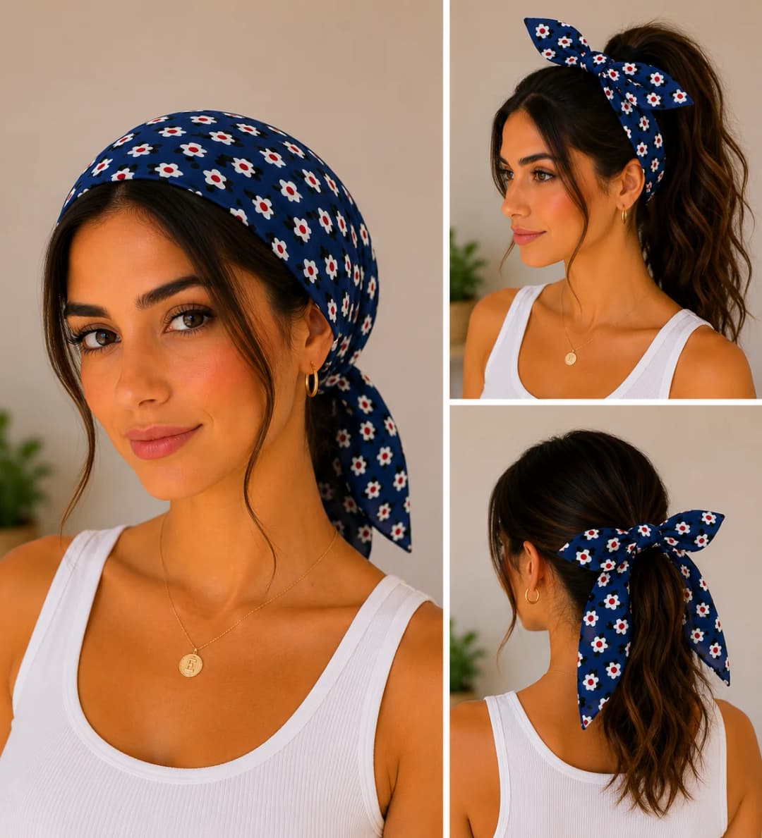 Lacivert Mini Papatya Desenli Poplin Bandana 50x50