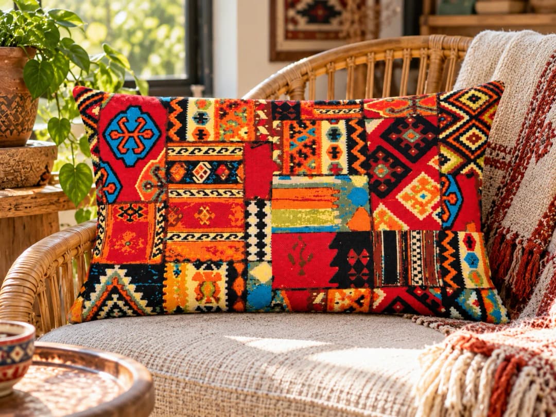 Turuncu Kilim Patchwork Desenli Kırlent Yastık 50x30