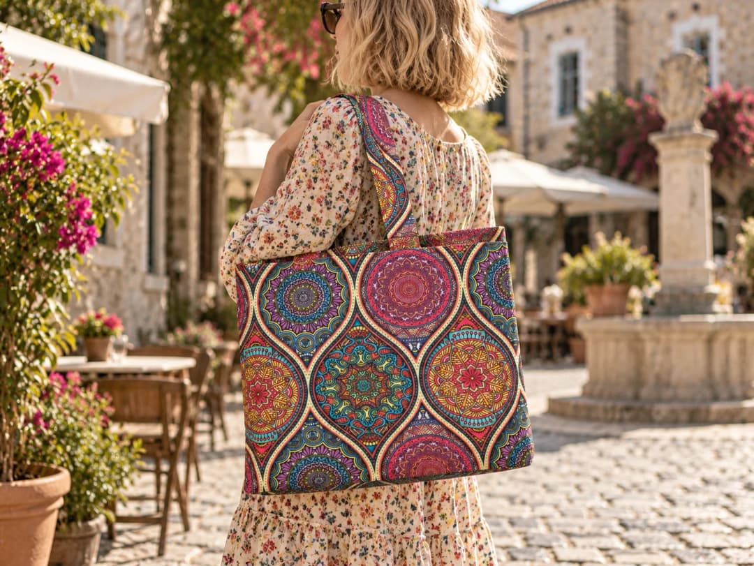 Pembe Mandala Damlaları Desenli Dijital Baskı Omuz Çantası 50x45