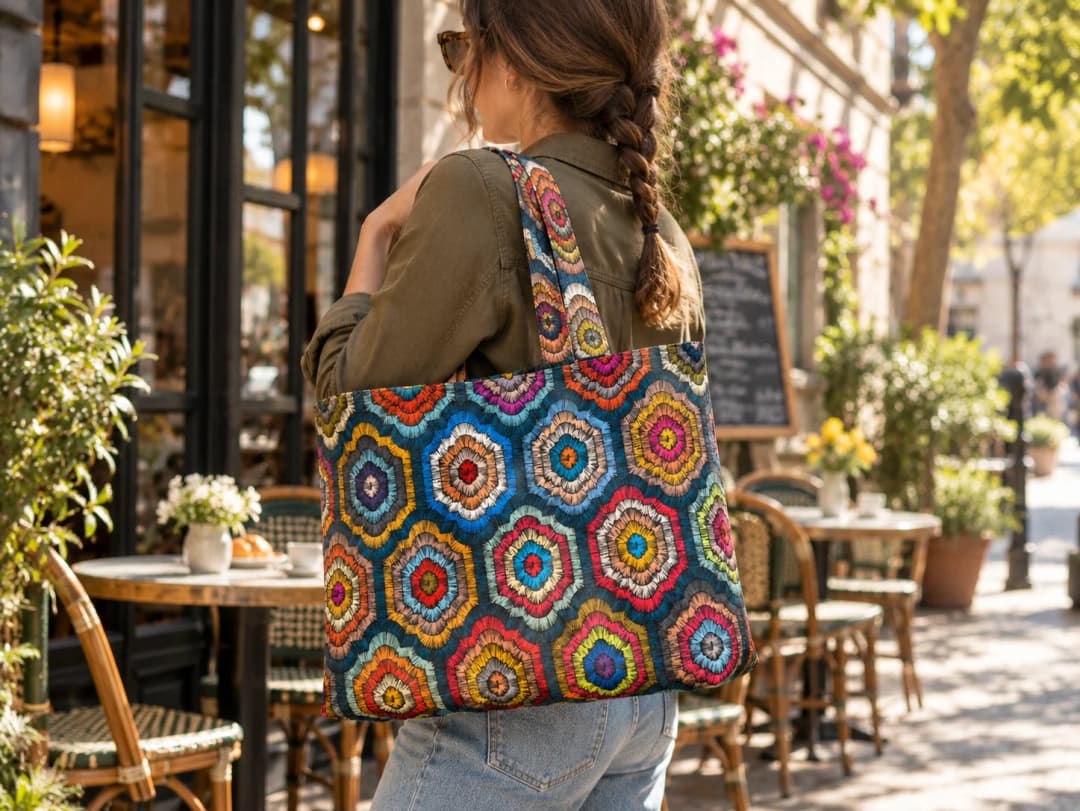 Tığ İşi Altıgenler Desenli Dijital Baskı Omuz Çantası 50x45