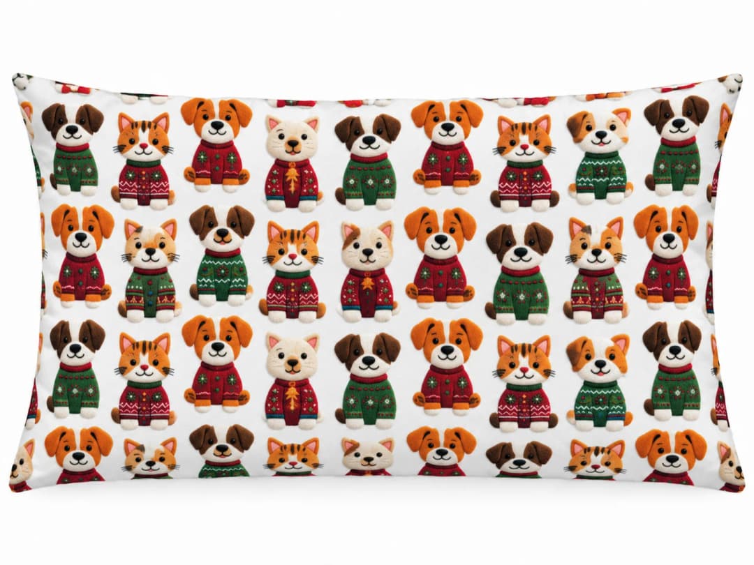 Kazaklı Kedicik Köpekcikler Desenli Kırlent Yastık 50x30