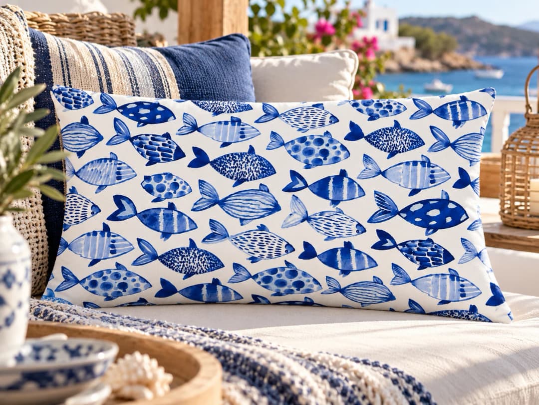 Büyük Saks Mavi Balıklar Desenli Kırlent Yastık 50x30