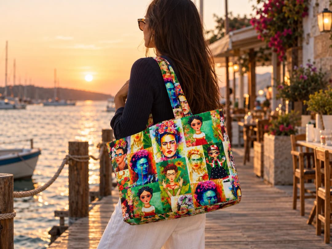 Frida'nın Portreleri Desenli Dijital Baskı Omuz Çantası 50x45