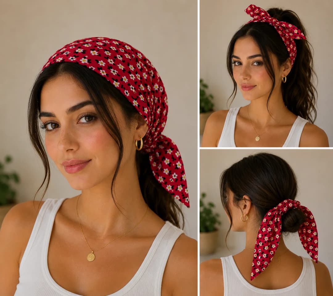 Ürün görseli: Kırmızı Mini Papatya Desenli Poplin Bandana 50x50