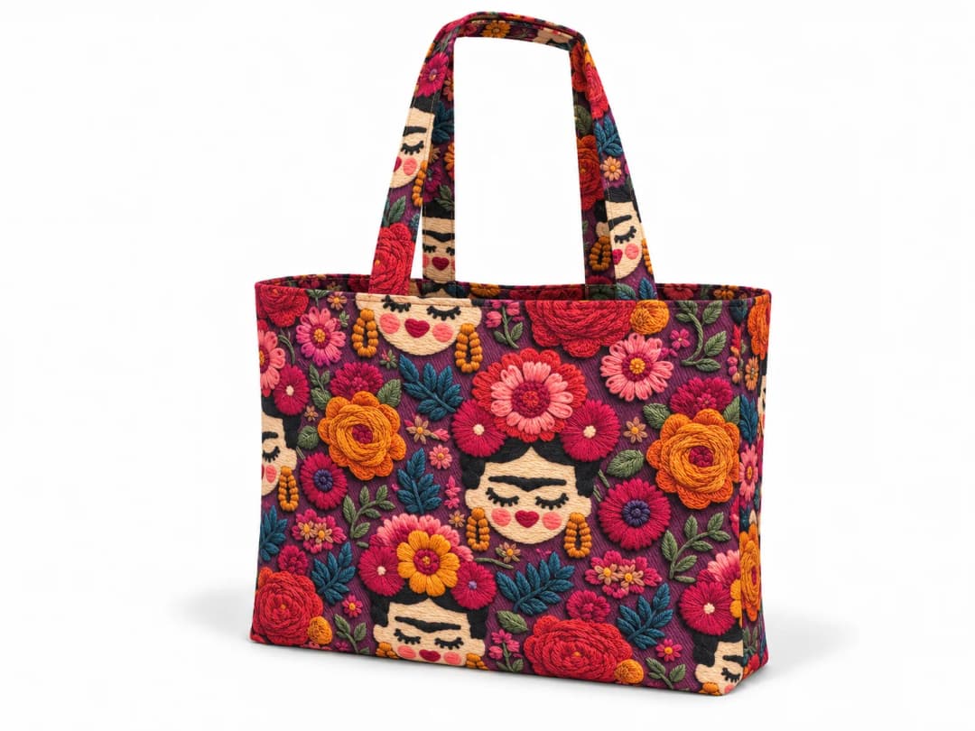Nakışlı Frida Çiçekleri Desenli Dijital Baskı Omuz Çantası 50x45