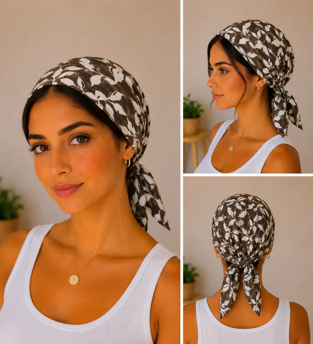 Kahve Yaprak Desenli Poplin Bandana 50x50