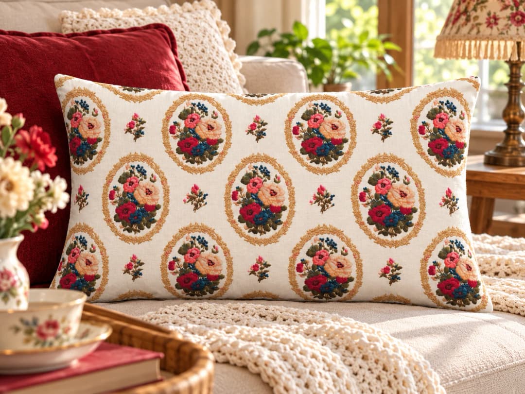 Çerçeveli Çiçekler Desenli Kırlent Yastık 50x30