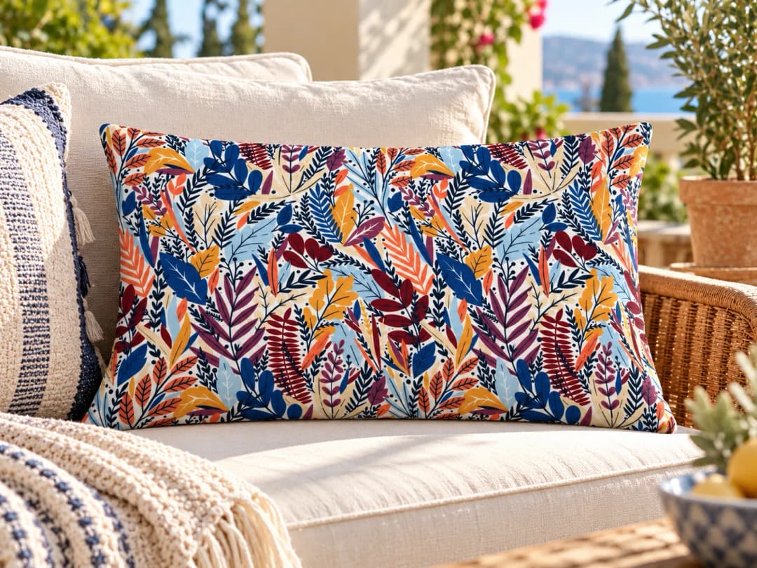 Denim Mavi Yapraklar Desenli Kırlent Yastık 50x30