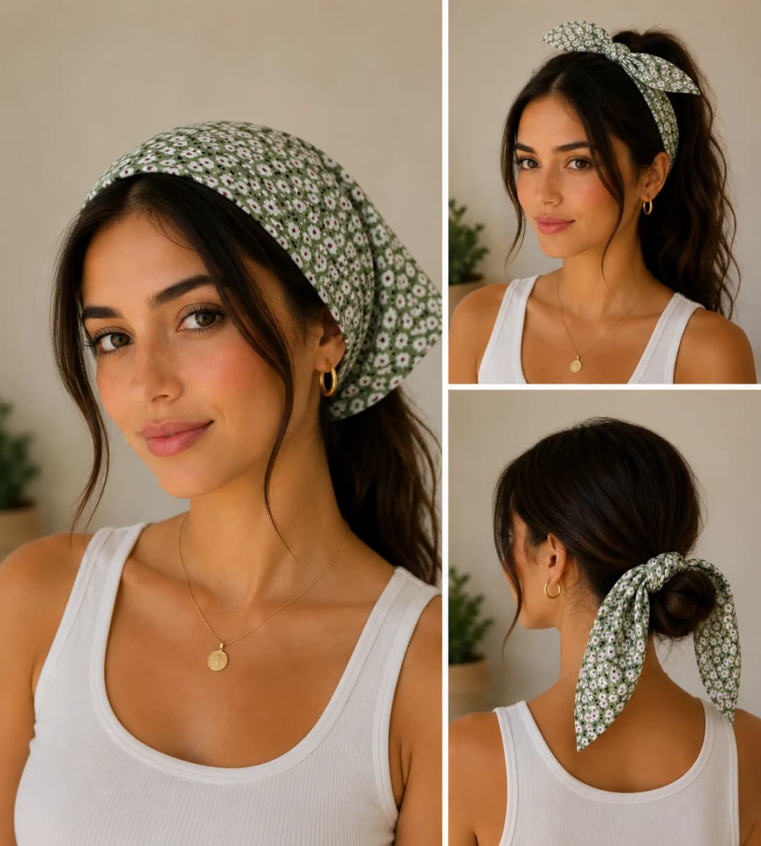 Ürün görseli: Haki Mini Çiçek Desenli Poplin Bandana 50x50
