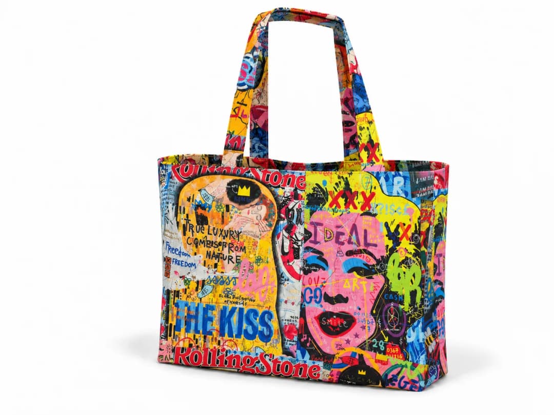 Ürün görseli: Pop Art Kolaj Desenli Dijital Baskı Omuz Çantası 50x45