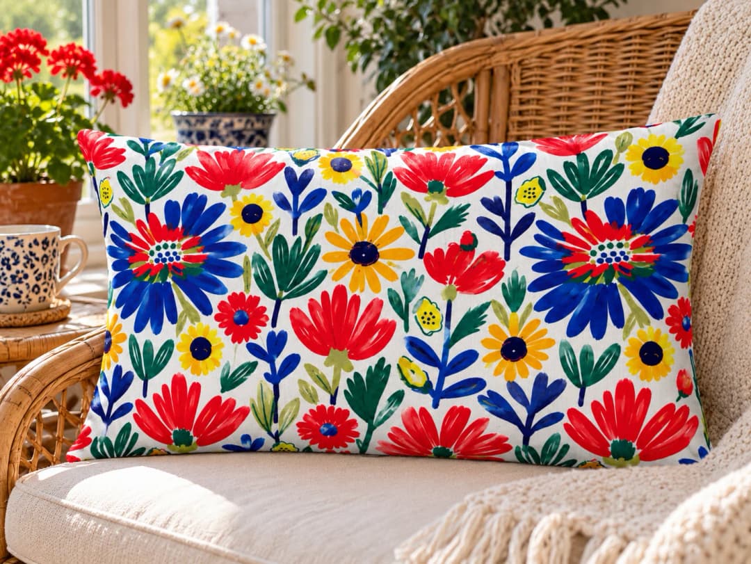 Mavi ve Kırmızı Çiçekler Desenli Kırlent Yastık 50x30