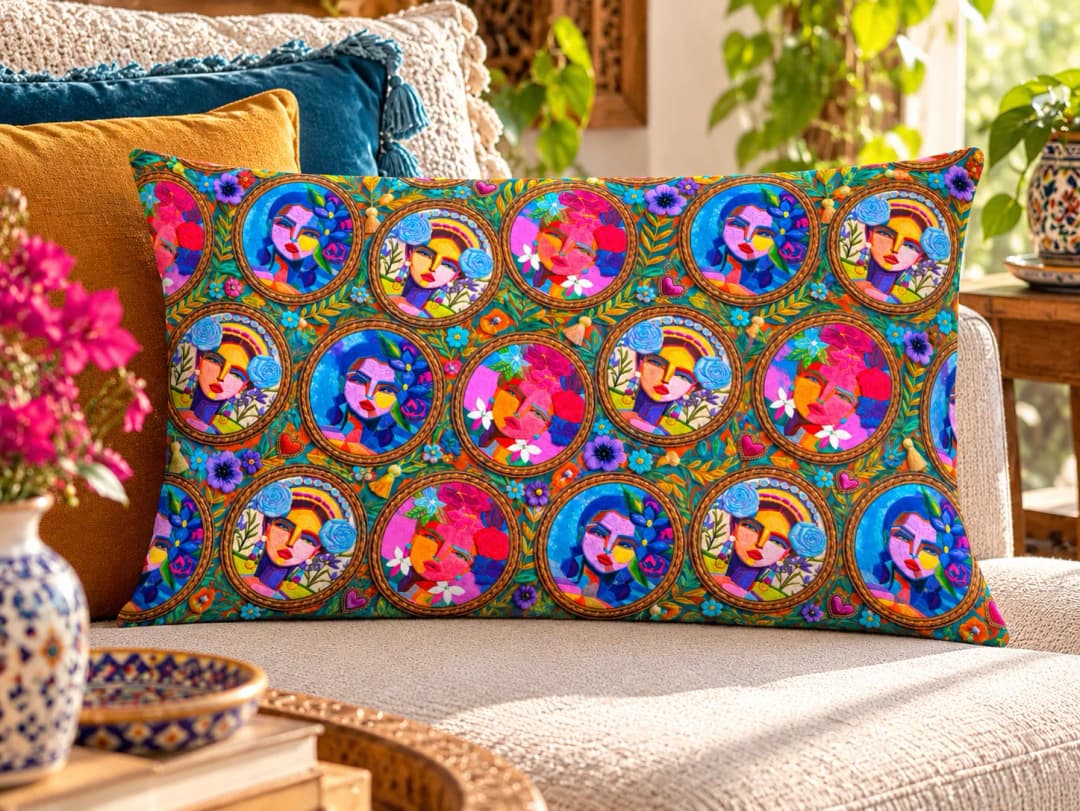 Çiçekli Portreler Desenli Kırlent Yastık 50x30