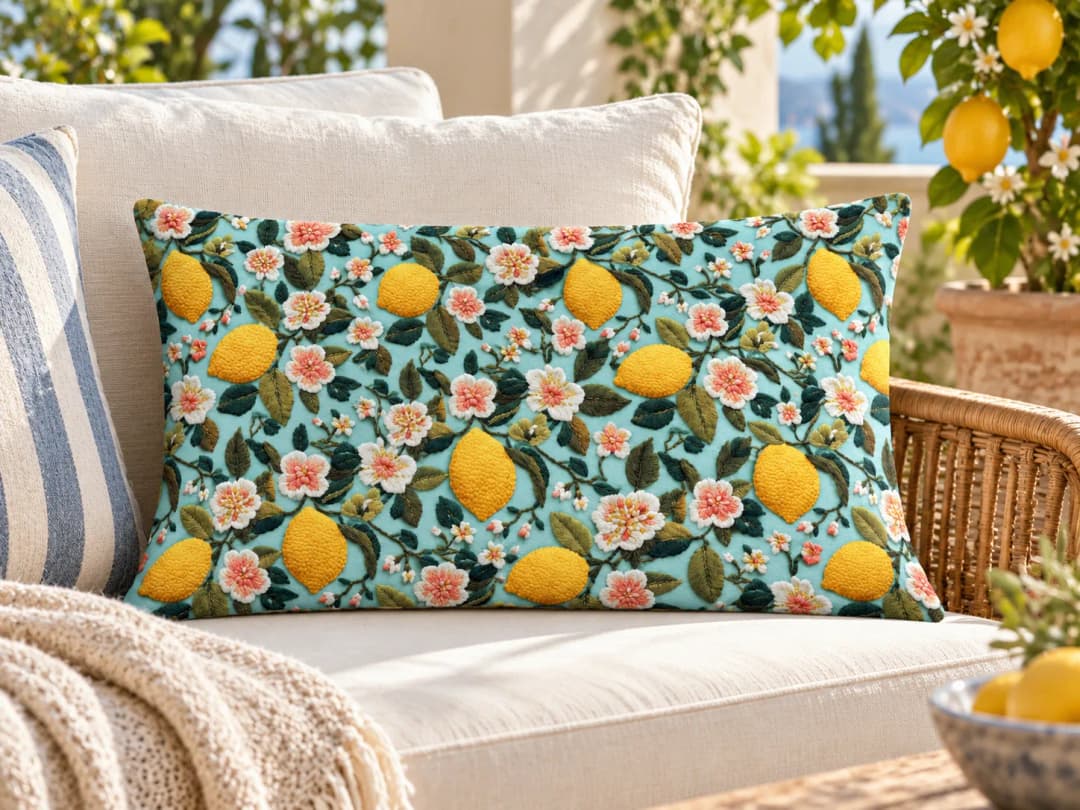 Çiçekli Limonlar Desenli Kırlent Yastık 50x30