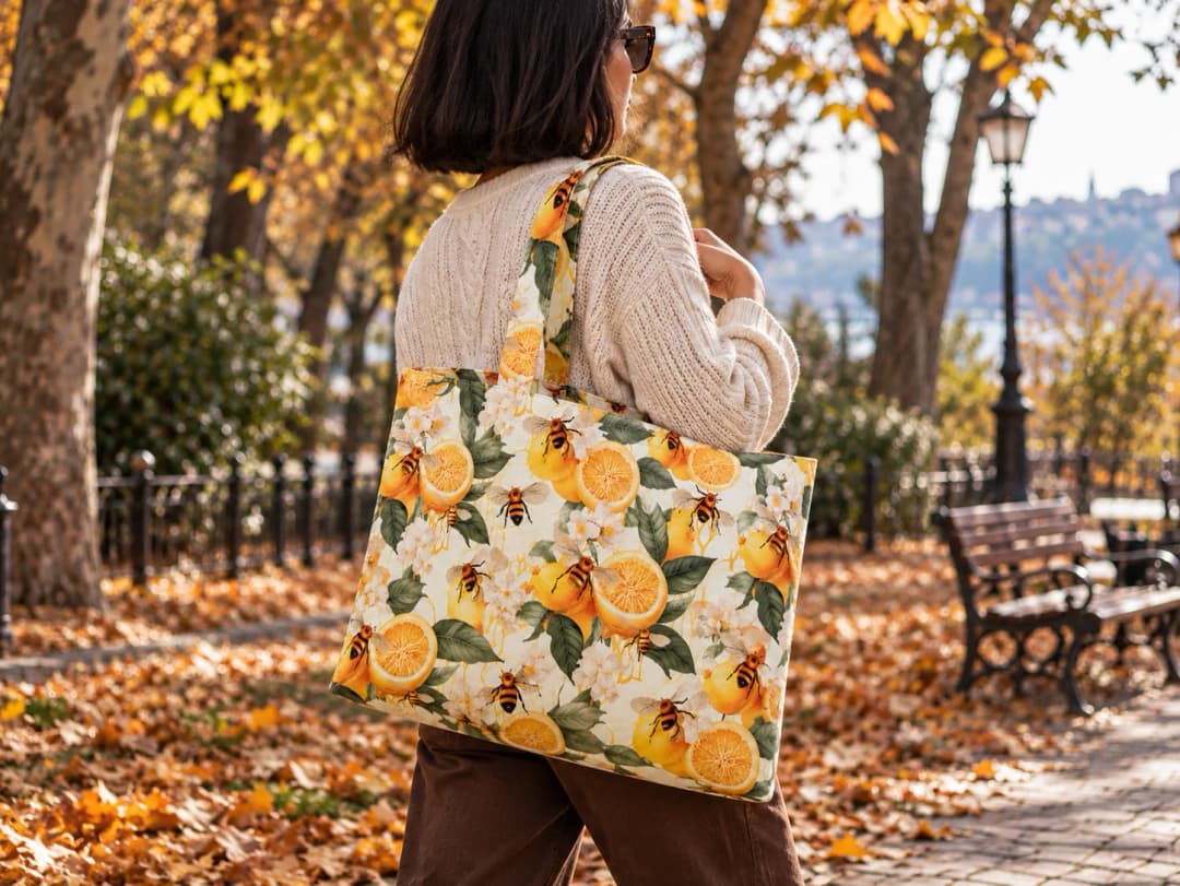 Limon ve Arılar Desenli Dijital Baskı Omuz Çantası 50x45