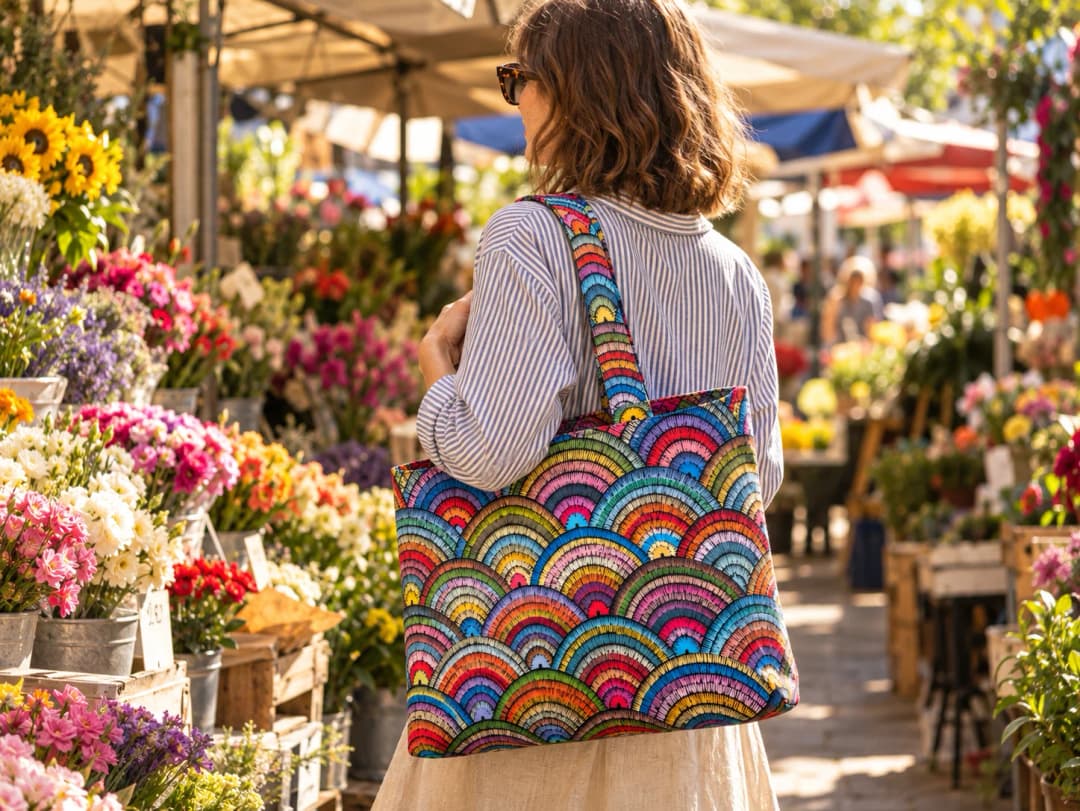 Gökkuşağı Dalgaları Desenli Dijital Baskı Omuz Çantası 50x45