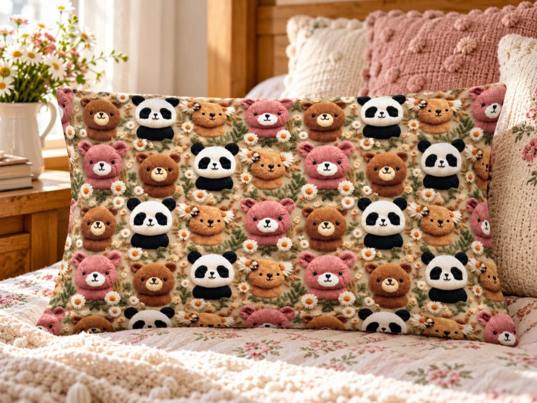 Panda ve Ayılar Desenli Kırlent Yastık 50x30