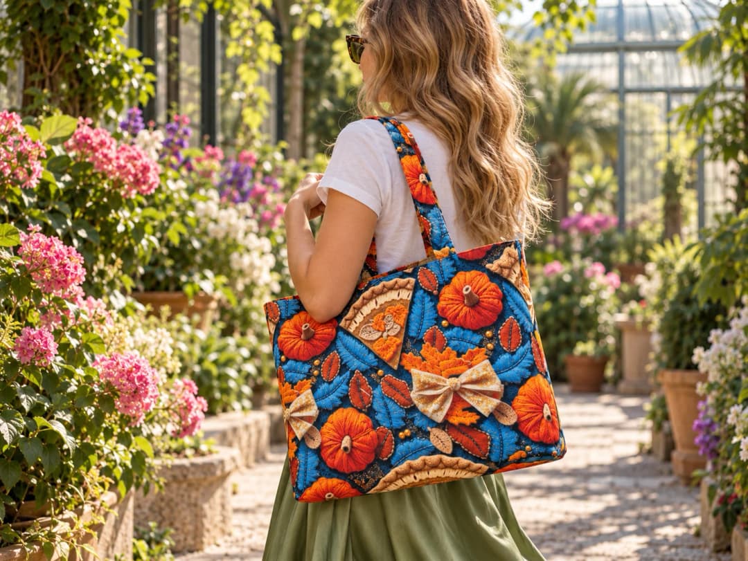 Balkabağı Hasadı Desenli Dijital Baskı Omuz Çantası 50x45