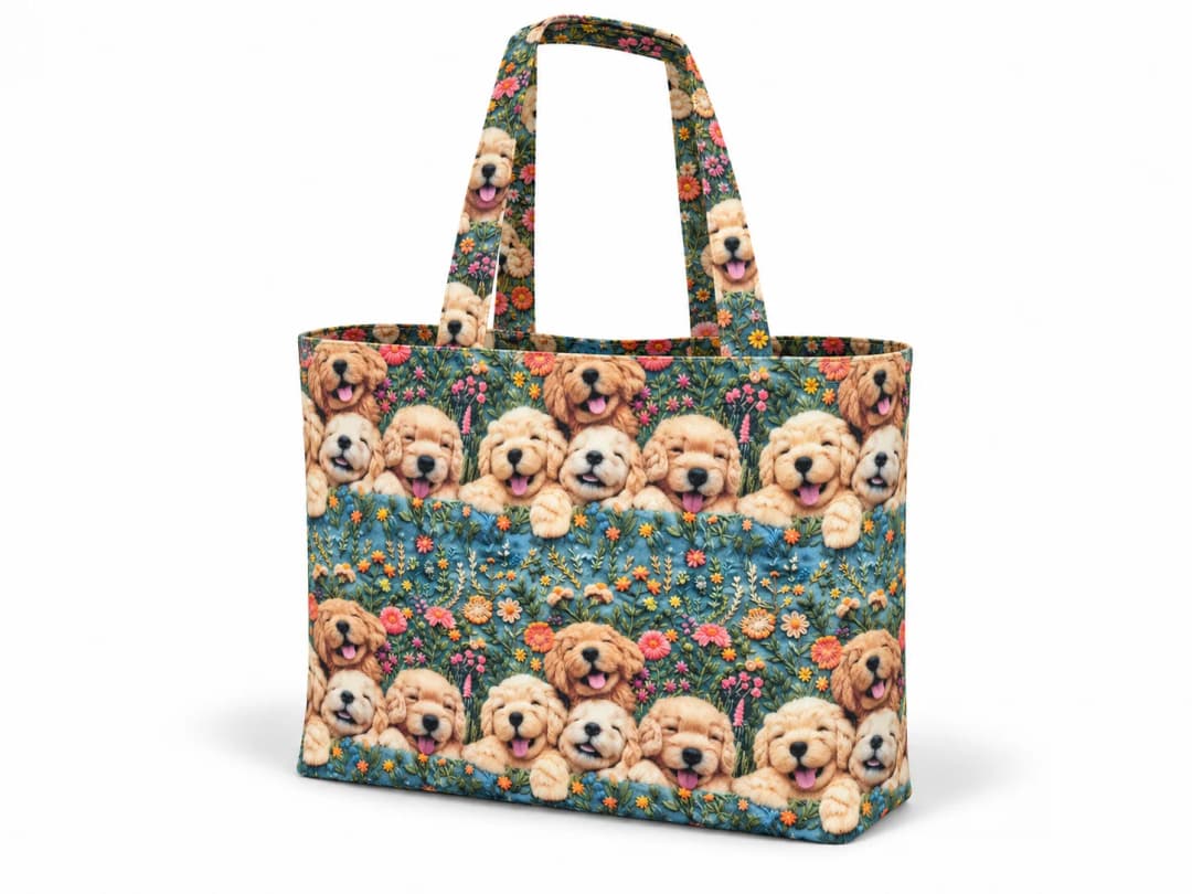 Çiçekli Köpek Yavruları Desenli Dijital Baskı Omuz Çantası 50x45