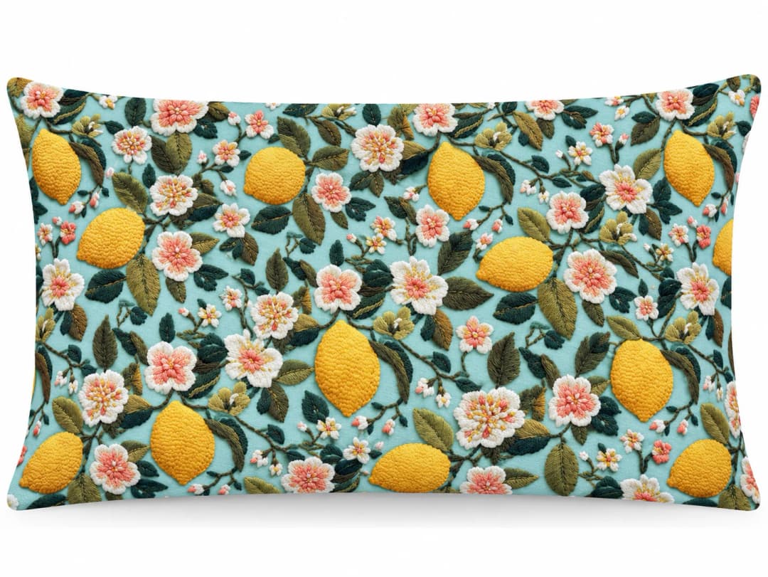 Çiçekli Limonlar Desenli Kırlent Yastık 50x30