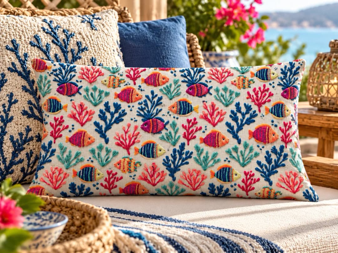 Balıklar ve Mercanlar Desenli Kırlent Yastık 50x30