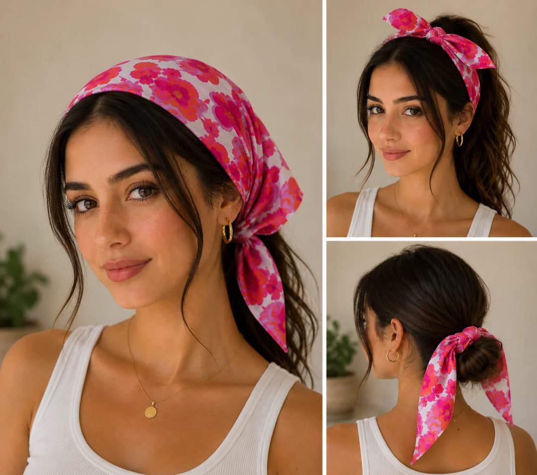 Fuşya Suluboya Çiçek Desenli Poplin Bandana 50x50