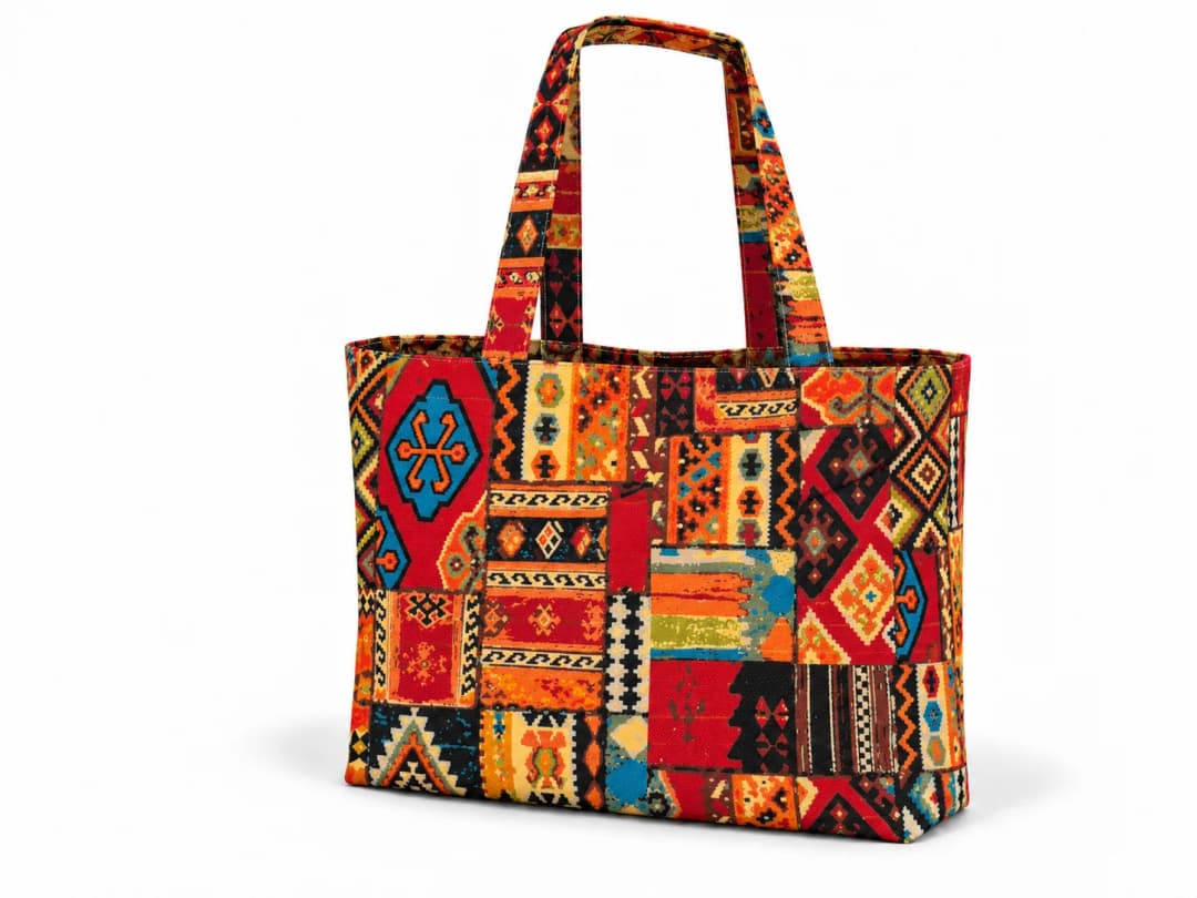 Turuncu Kilim Patchwork Desenli Dijital Baskı Omuz Çantası 50x45