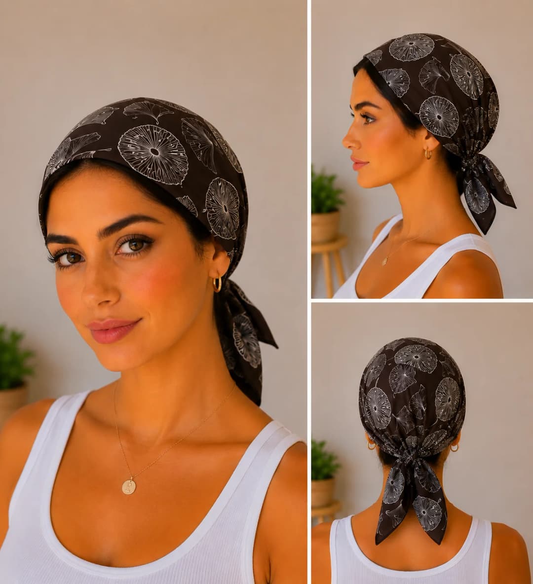 Siyah Mandala Çiçek Desenli Poplin Bandana 50x50