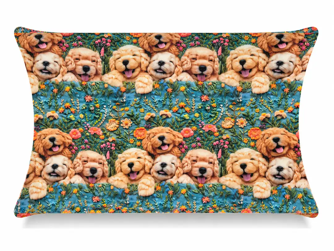 Çiçekli Köpek Yavruları Desenli Kırlent Yastık 50x30