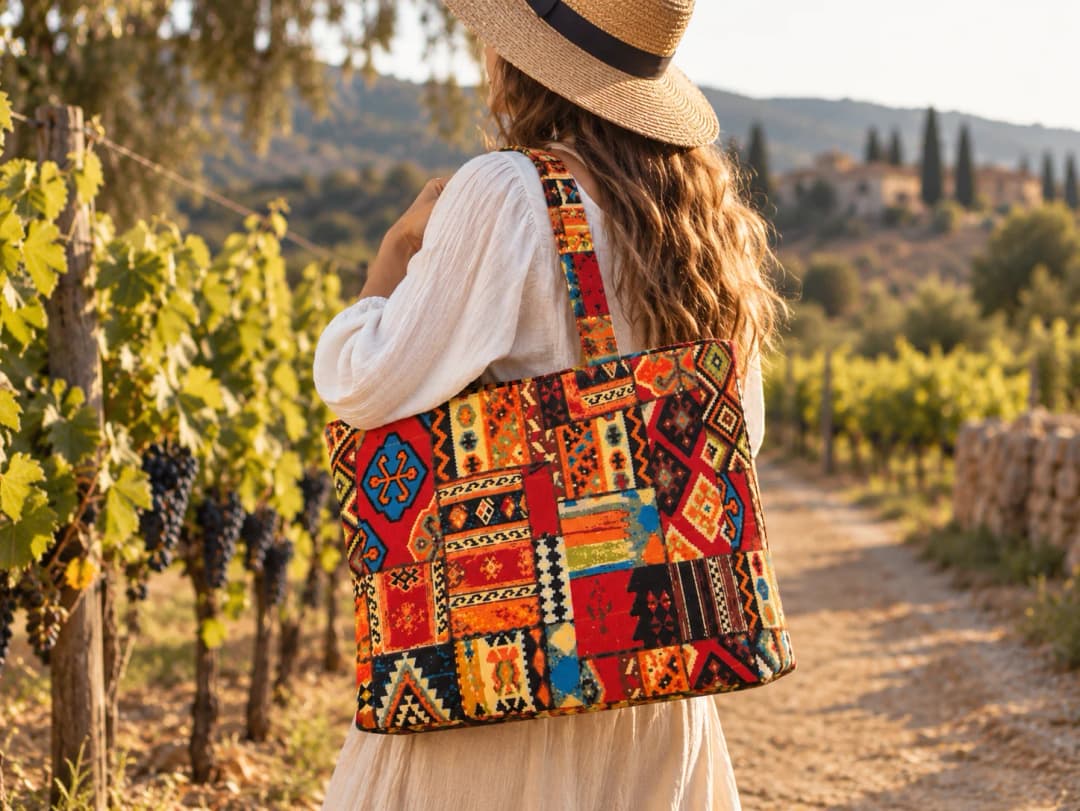 Turuncu Kilim Patchwork Desenli Dijital Baskı Omuz Çantası 50x45