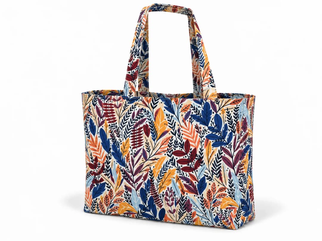 Denim Mavi Yapraklar Desenli Dijital Baskı Omuz Çantası 50x45