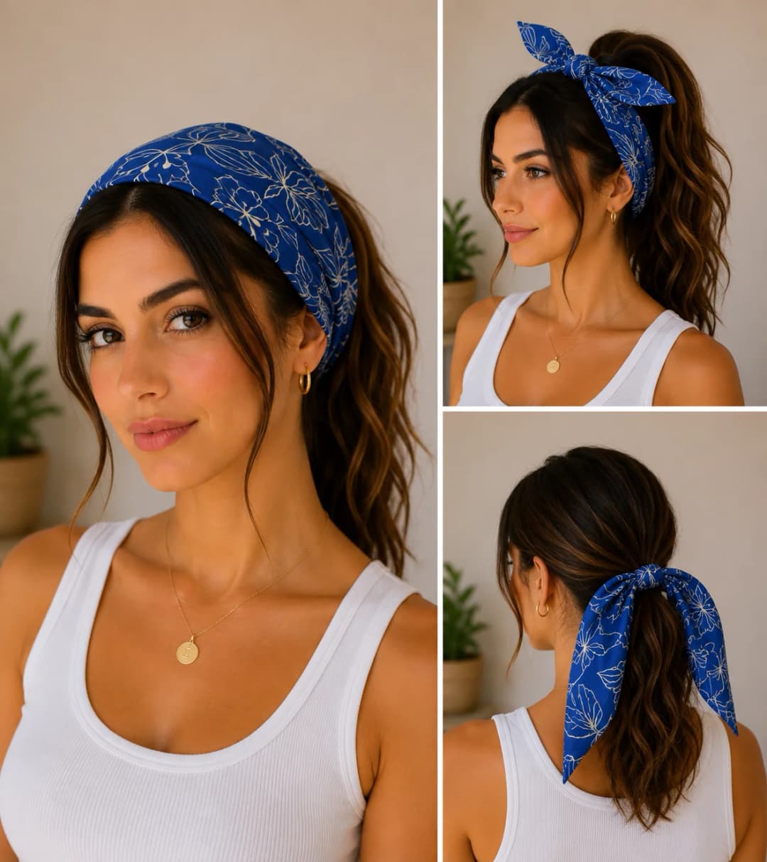 Saks Mavisi Çiçek Çizimi Desenli Poplin Bandana 50x50