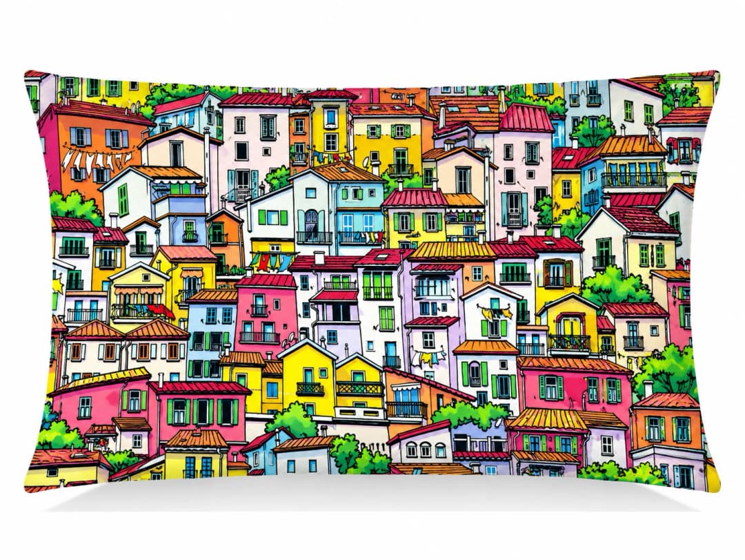 Renkli Evler Desenli Kırlent Yastık 50x30