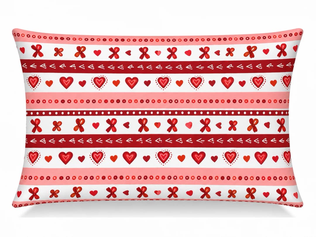 Şerit Kalpler ve Fiyonklar Desenli Kırlent Yastık 50x30