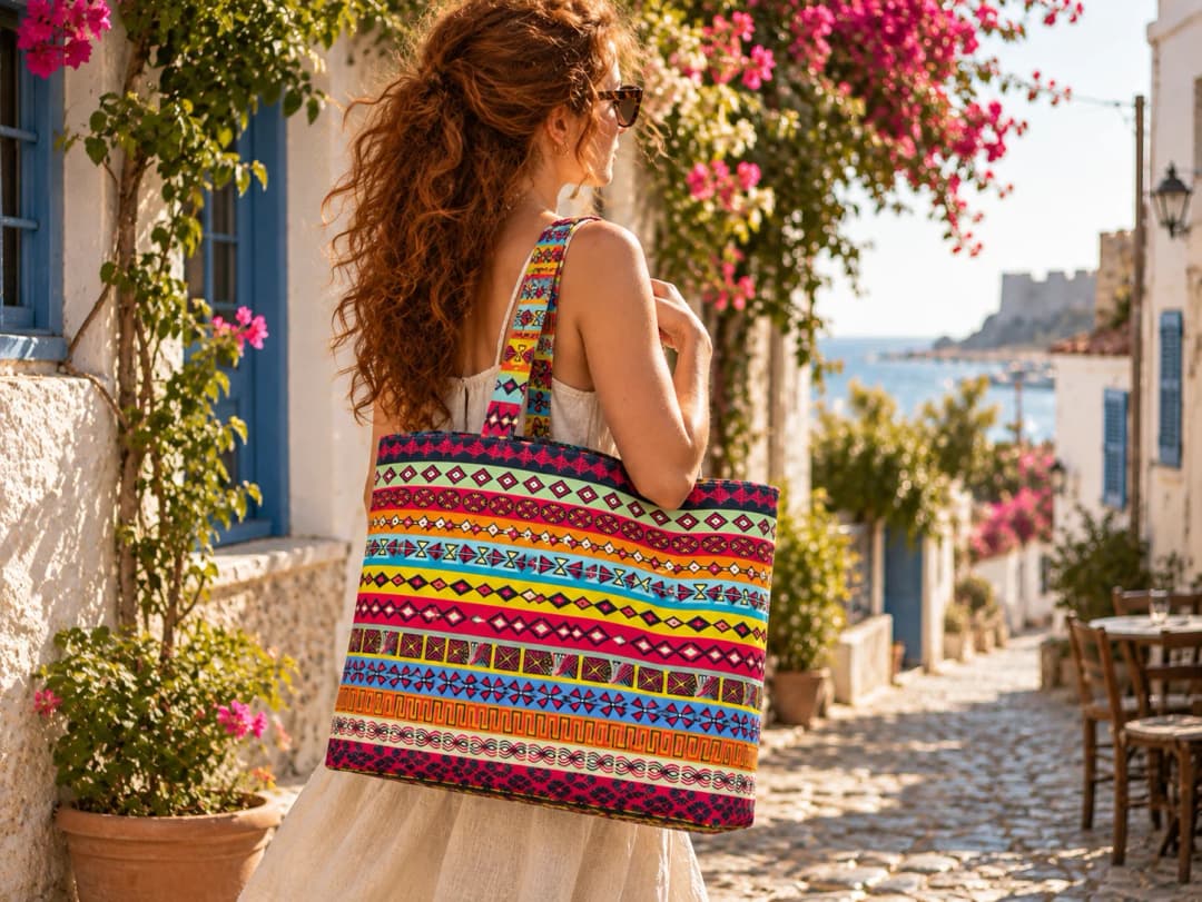 Çizgili Kilim Desenli Dijital Baskı Omuz Çantası 50x45
