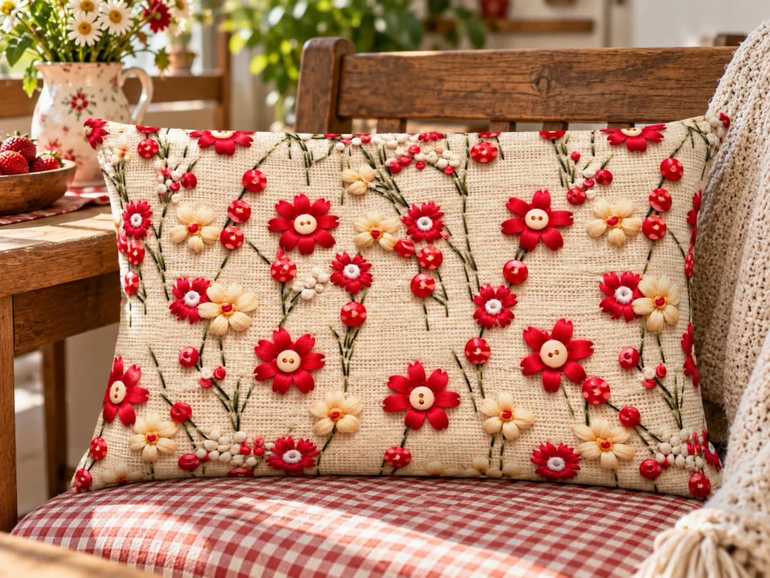 Kırmızı Çiçekli Dallar Desenli Kırlent Yastık 50x30