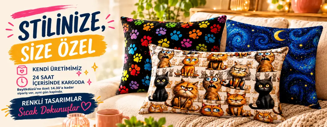 Patili, yıldızlı gece ve kedi desenli dijital baskı kırlent yastıklar – KBC Tekstil, 24 saat içinde kargoda